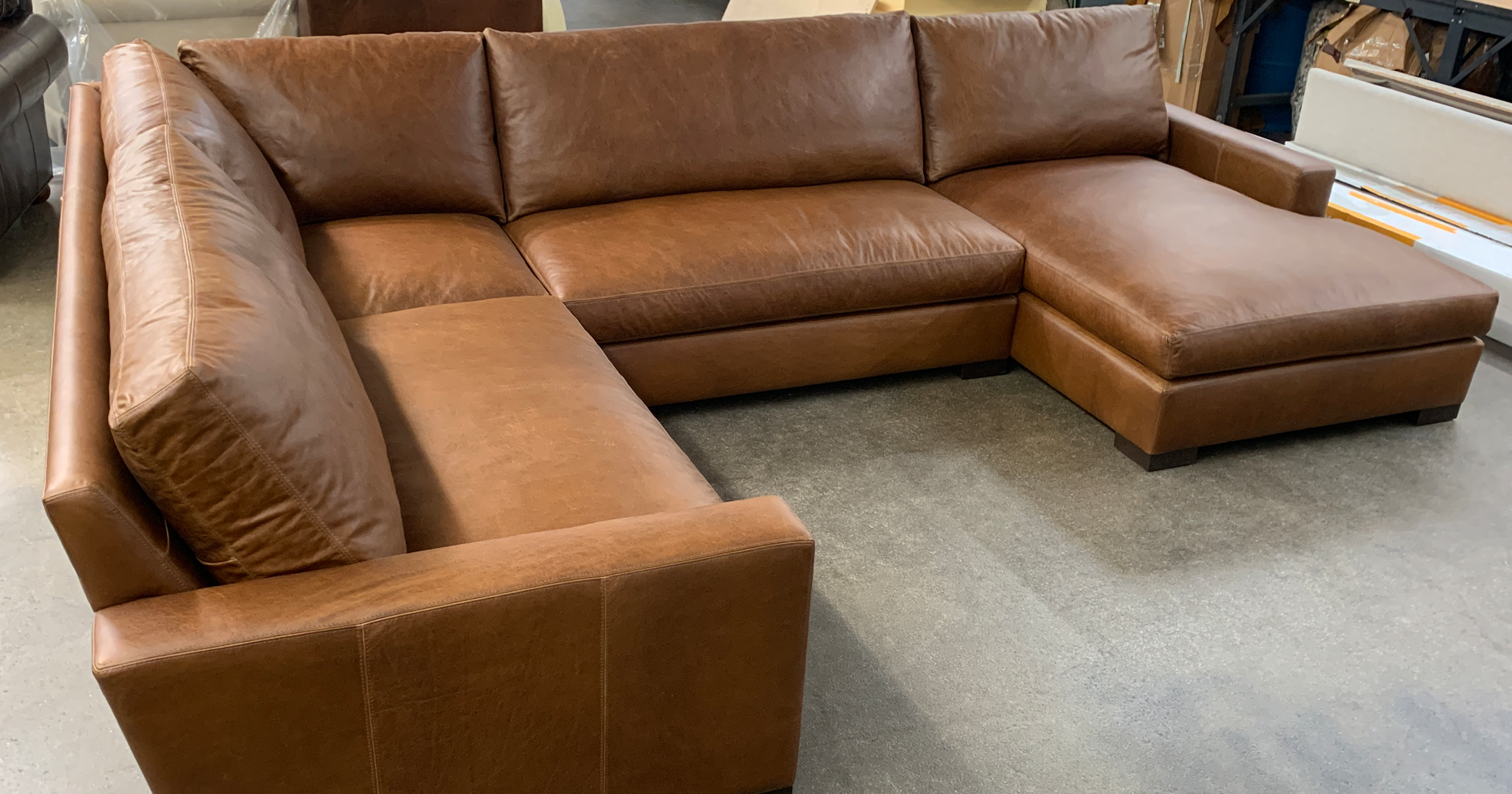 Braxton L Sectional Sofa with Chaise in Italian Berkshire Chestnut Leather 
