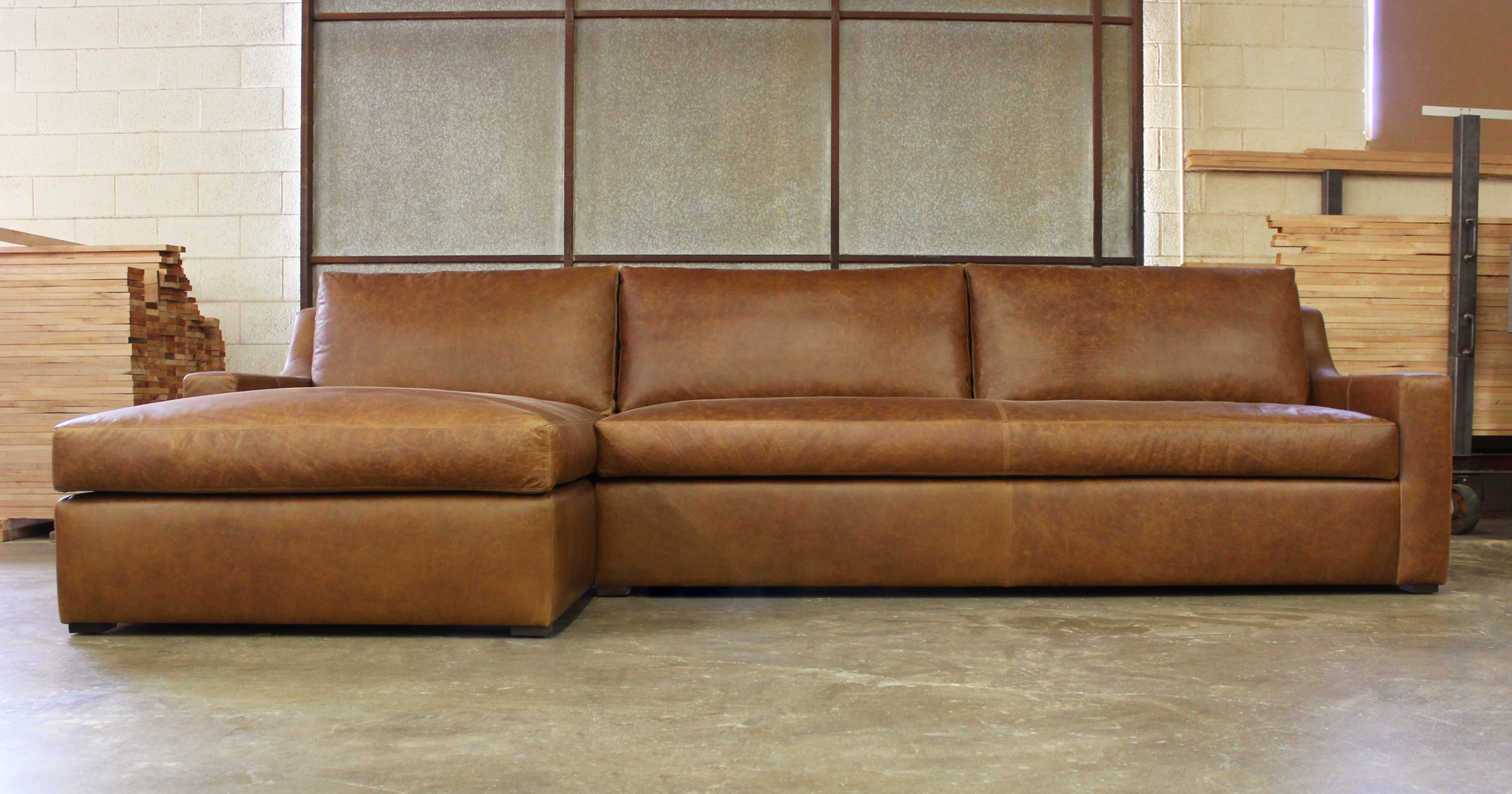 Julien Track Arm Sofa Chaise Sectional in Italian Berkshire Chestnut Leather 
